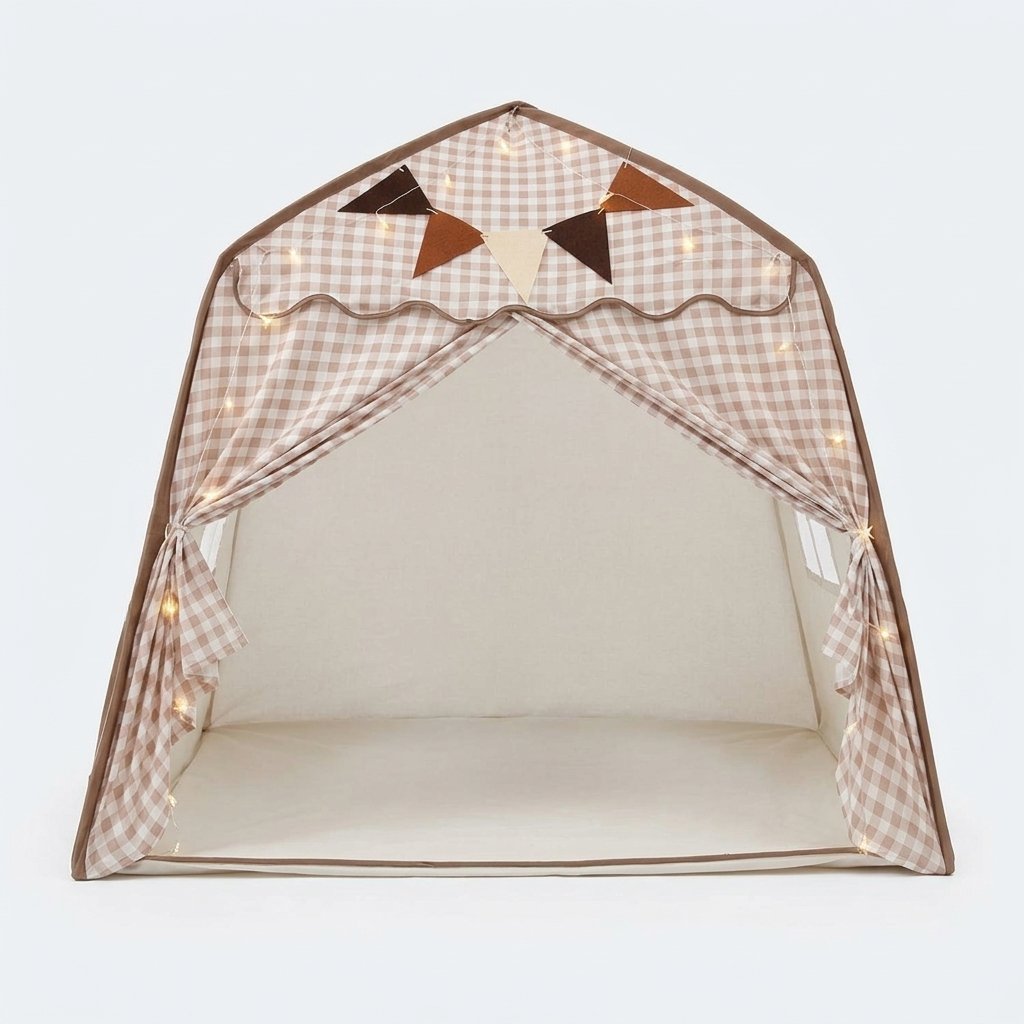 Gingham Kids Play Tent with Curtains