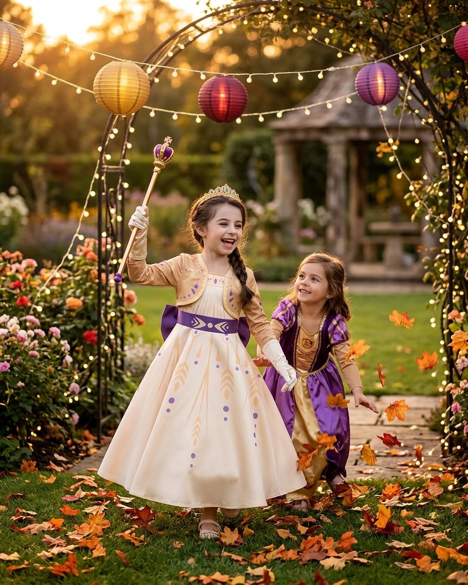 Girls' Princess Costume Dress with Tiara, Sceptre and Accessories – Cream and Purple