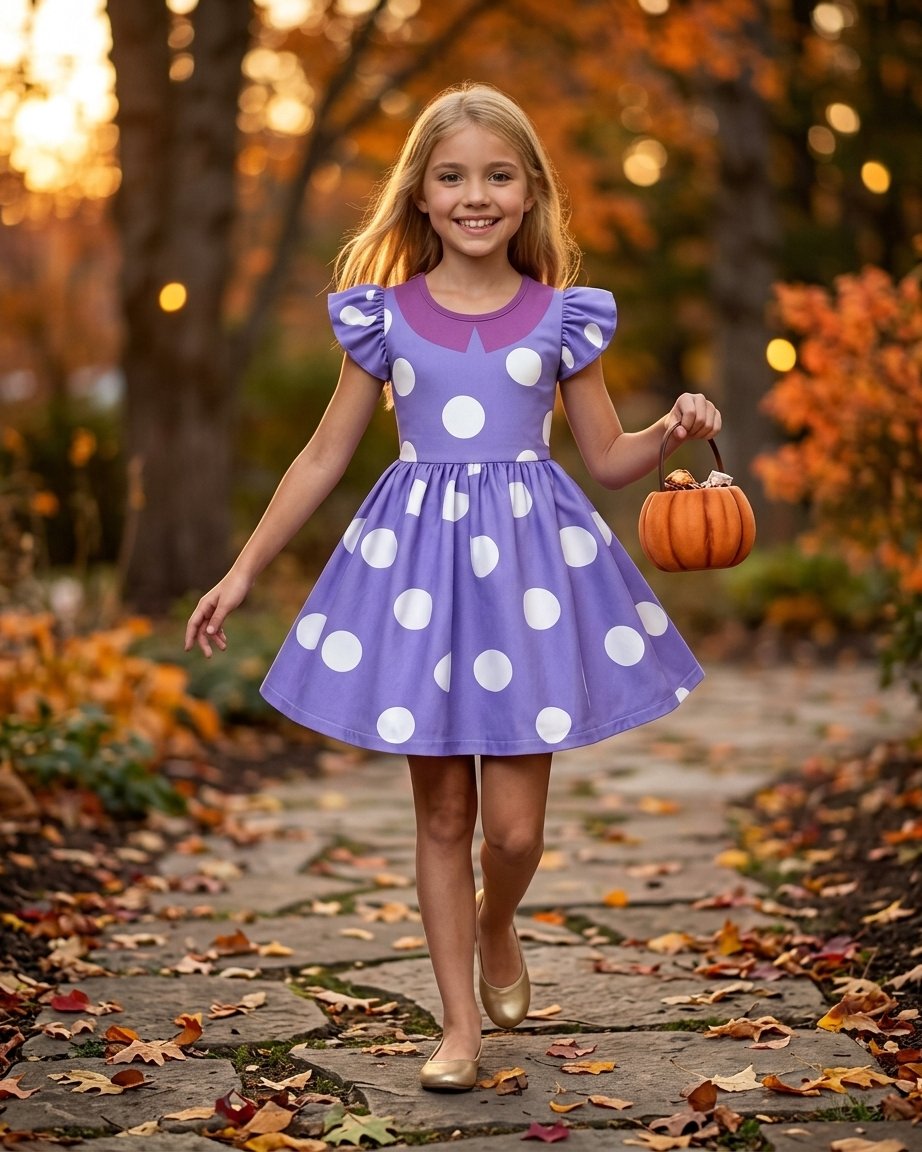 Girls' Purple Polka Dot Flutter Sleeve Costume Dress with A-Line Skirt – Ages 3 to 10