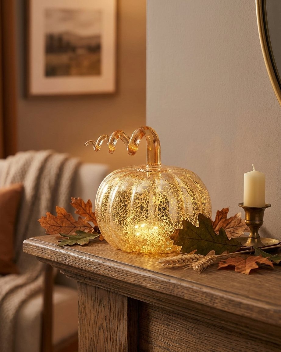 Gold Mercury Glass LED Pumpkin Decoration with Warm White Micro Lights