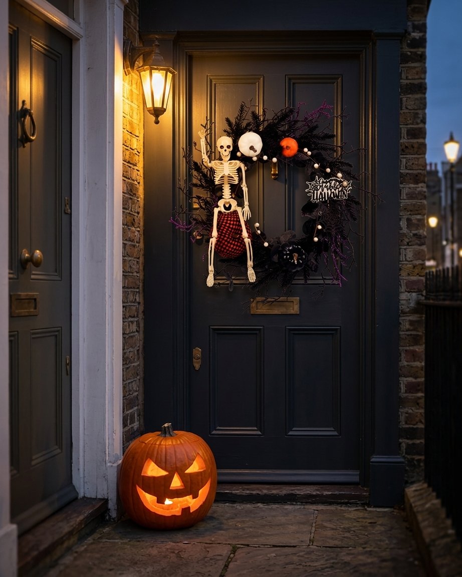 Gothic Halloween Skeleton Wreath with Faux Pumpkins and Black Branches