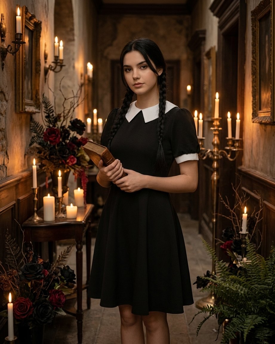 Gothic Schoolgirl Costume Dress with White Pointed Collar and Long Sleeves