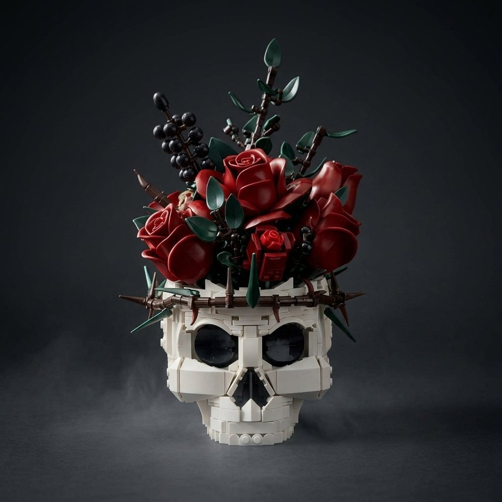 Gothic Skull Flower Arrangement with Roses