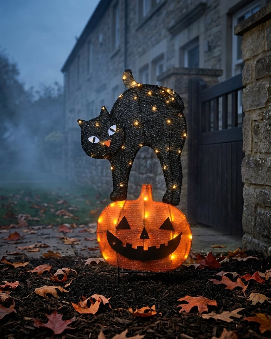 Halloween Black Cat and Jack O'Lantern Outdoor Stake Light with LED Illumination