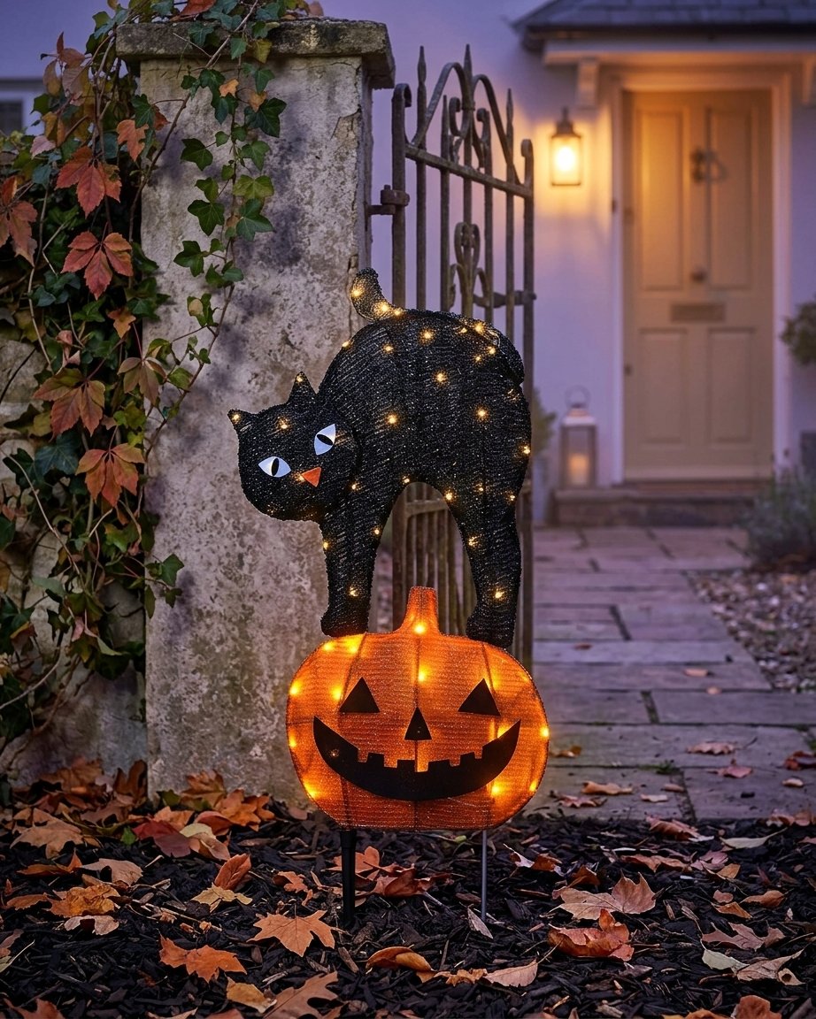 Halloween Black Cat and Jack O'Lantern Outdoor Stake Light with Timer