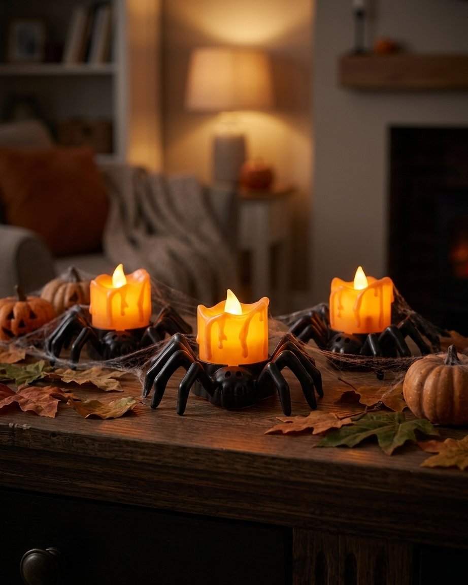 Halloween Flickering LED Spider Candle with Orange Pumpkin-Style Holder