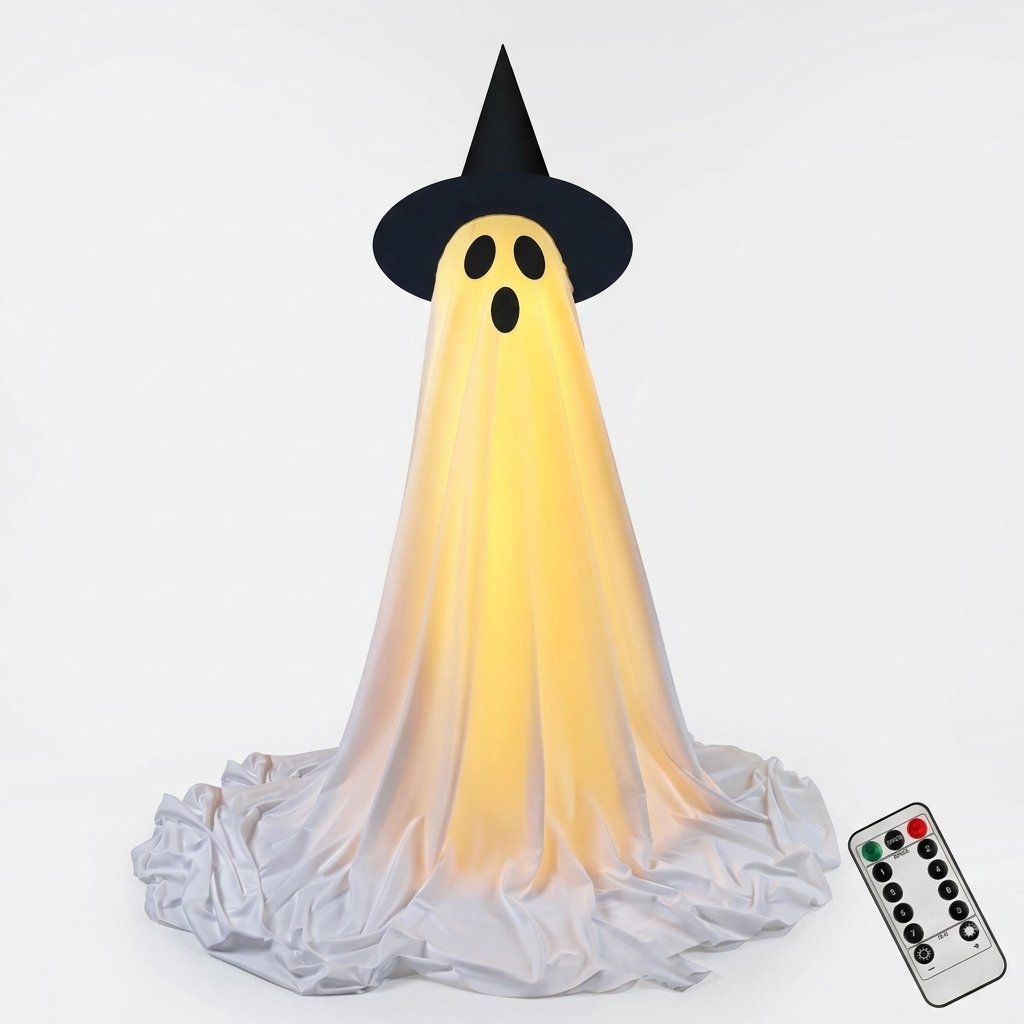 Halloween Ghost Decoration with LED Lights and Witch Hat