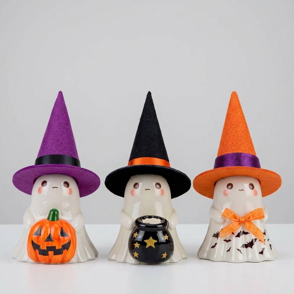 Halloween Ghost Figurines with Glowing Witch Hats, Set of 3