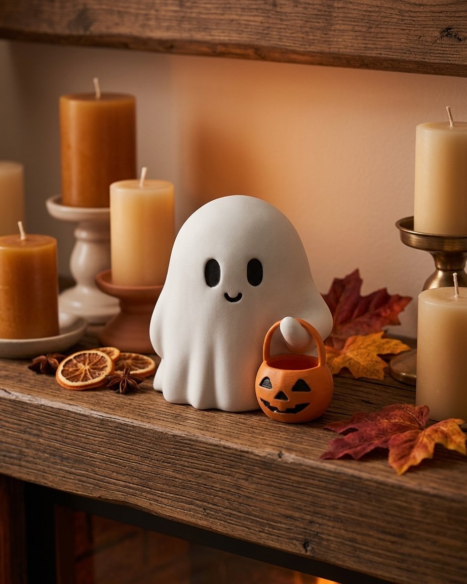 Halloween Ghost Figurines with Pumpkin Baskets – Set of 3 Resin Desk Ornaments