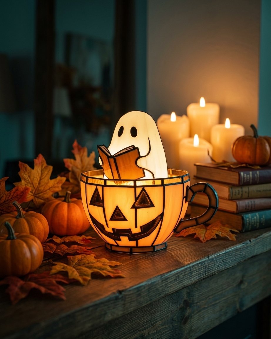 Halloween Ghost Reading Figurine Light with Stained-Glass-Style Glow – Battery-Operated Indoor Decoration