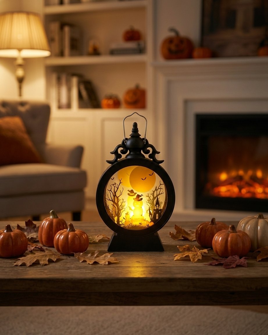 Halloween Gothic Lantern with Warm LED and Silhouette Scene