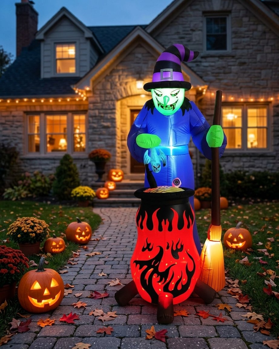 Halloween Inflatable Witch Decoration with Built-In LED Lighting for Outdoor Yard Display