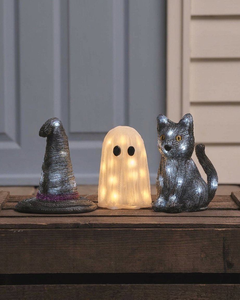 Halloween LED Acrylic Figures Set – Witch's Hat, Ghost and Black Cat with Built-In Lights