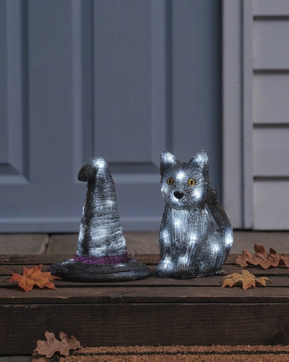 Halloween LED Acrylic Witch's Hat and Black Cat Figures with Built-In Timer – Set of 2