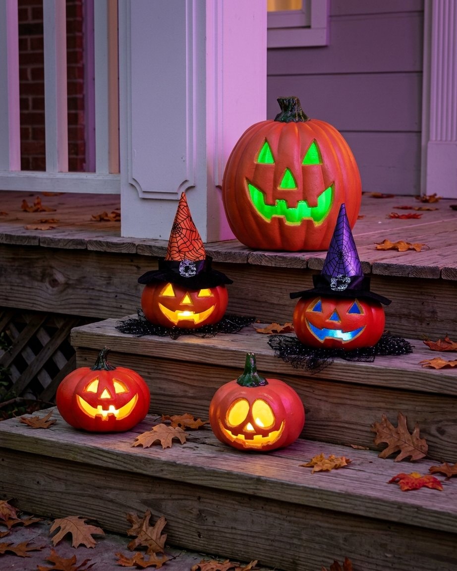 Halloween LED Jack-o'-Lantern Pumpkin Light Collection with Witch Hats and Soft Spooky Glow, Battery Operated, Set of 5
