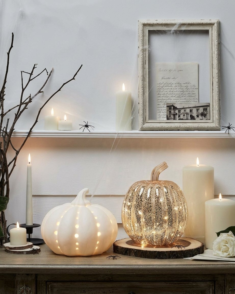 Halloween Neutral Pumpkin and Candle Bundle with LED Lights