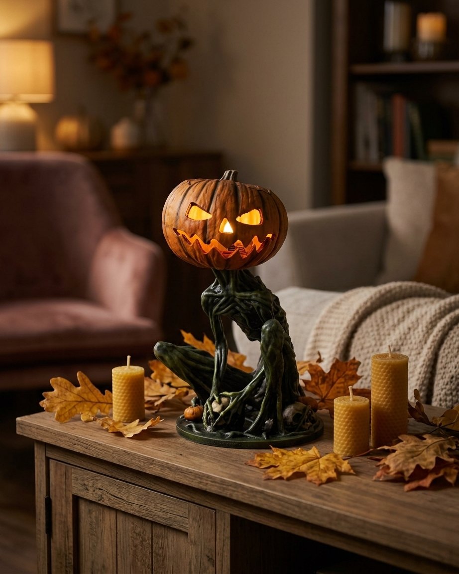 Halloween Pumpkin Creature Figurine with Battery-Powered Glowing Head