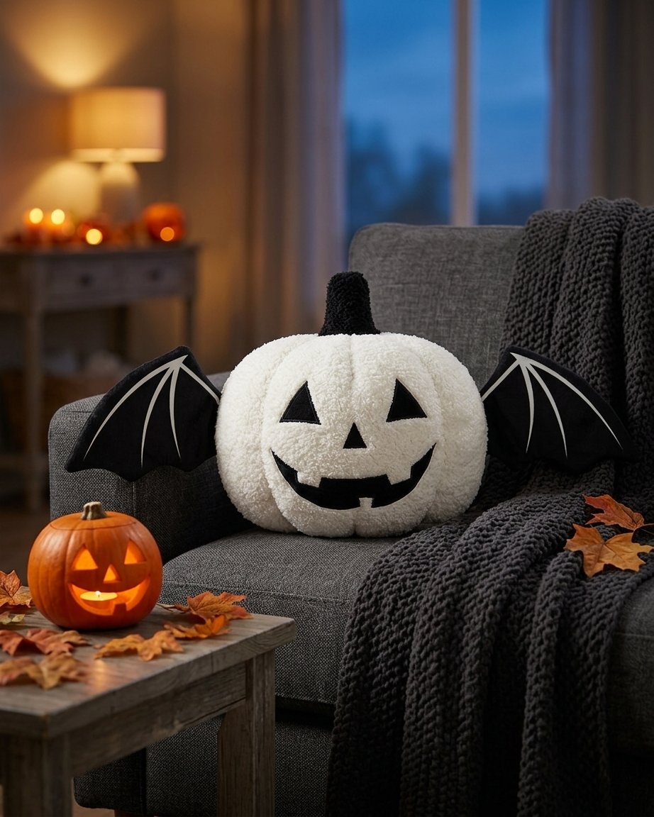 Halloween Pumpkin Cushion with Bat Wings, Plush Fleece