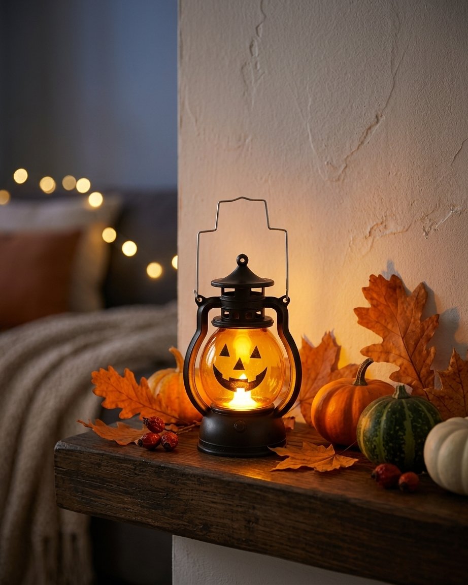 Halloween Pumpkin Lantern with LED Candle Flicker, Battery-Operated Vintage-Style Decoration