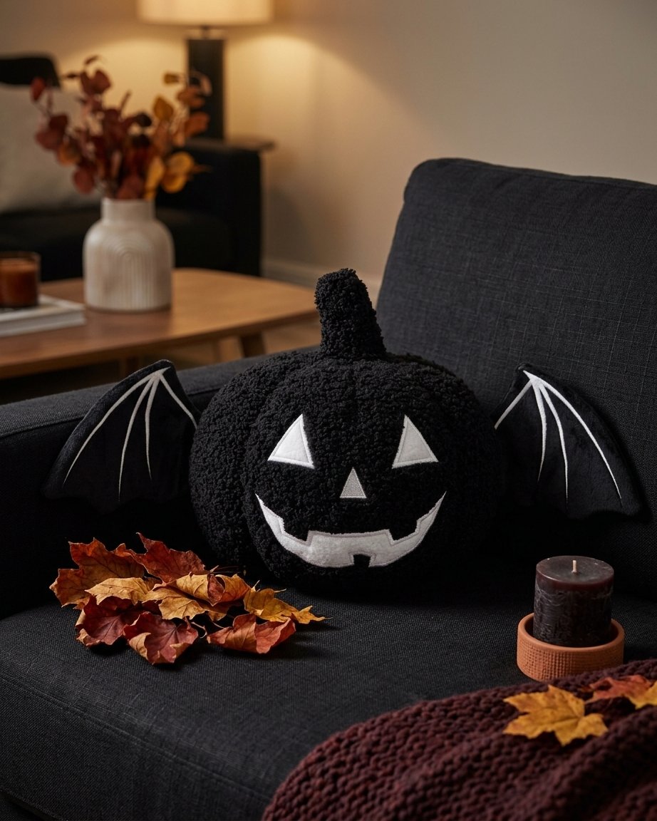 Halloween Pumpkin Plush Cushion with Bat Wings