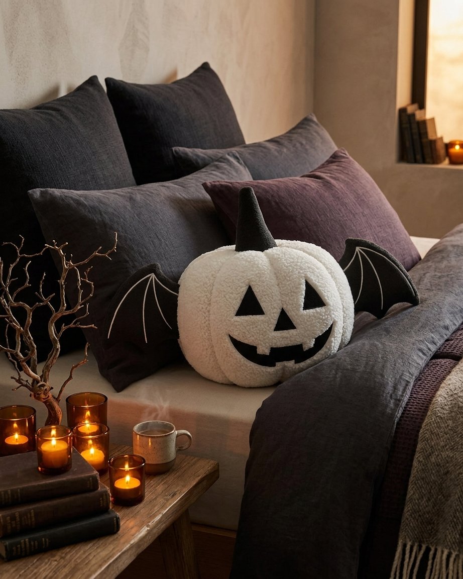 Halloween Pumpkin Plush Cushion with Bat Wings – Jack-o'-Lantern Design