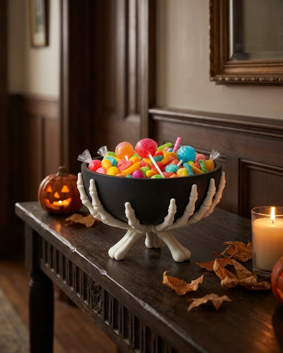 Halloween Skeleton Candy Bowl with Detachable Hands – Matte Black Gothic Serving Bowl for Seasonal Décor