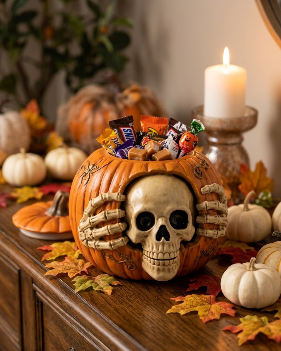 Halloween Skull Pumpkin Candy Jar with Removable Top Hat Lid
