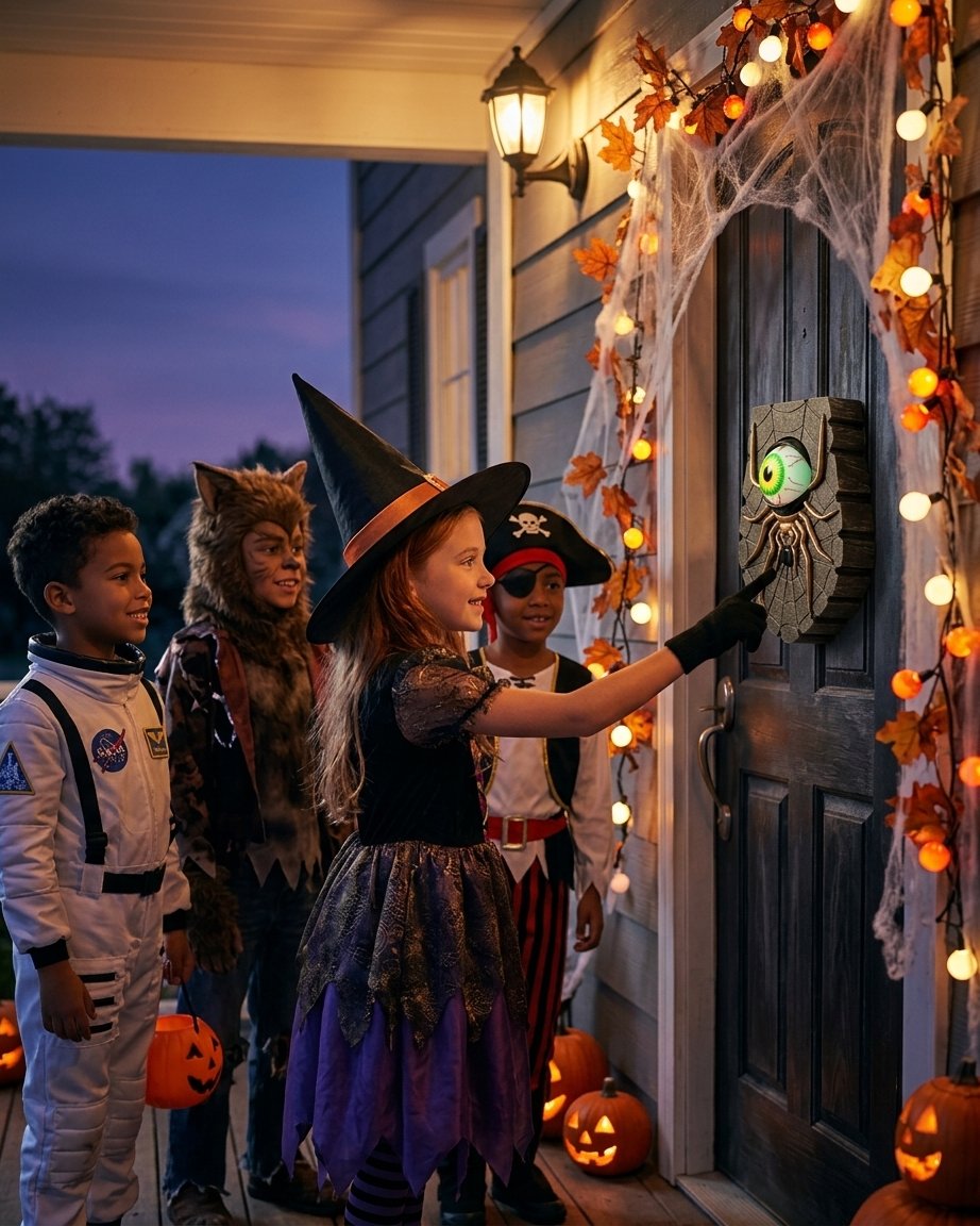 Halloween Spider Doorbell Decoration with Illuminated Blinking Eye, Battery Powered
