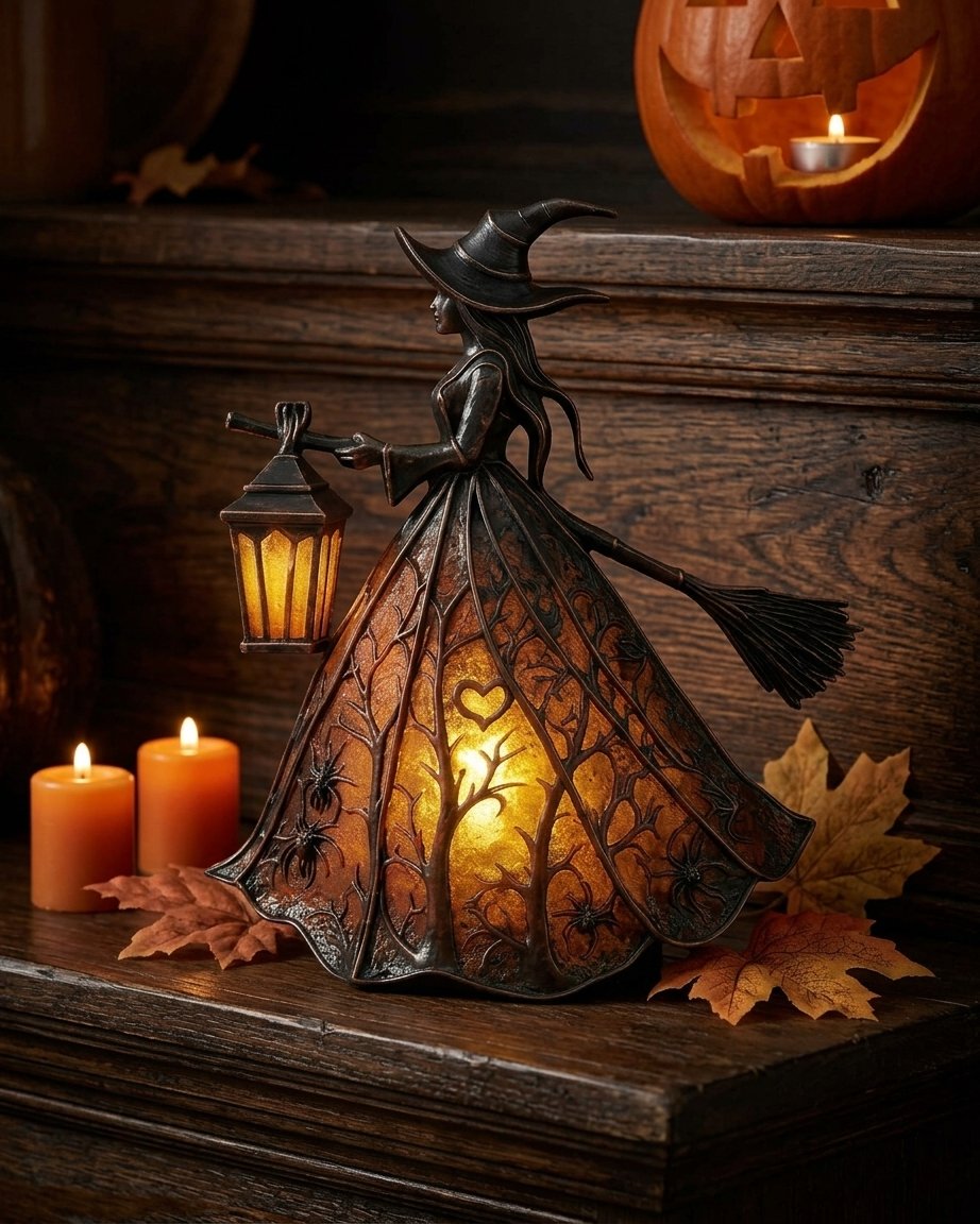 Halloween Witch Figurine Lantern with Warm LED Glow and Broom Detail