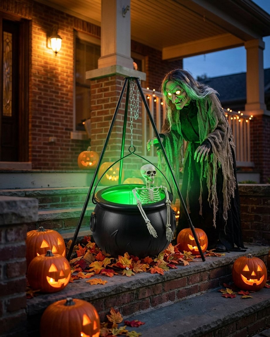 Halloween Witch's Cauldron on Tripod Stand with Green LED Glow