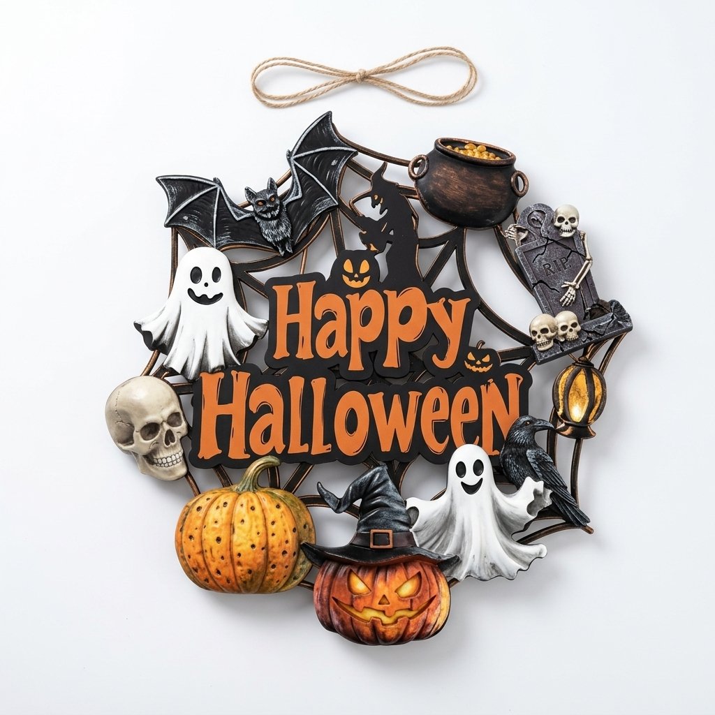 Halloween Wooden Ghost Wreath Door Sign with Pumpkin & Bat