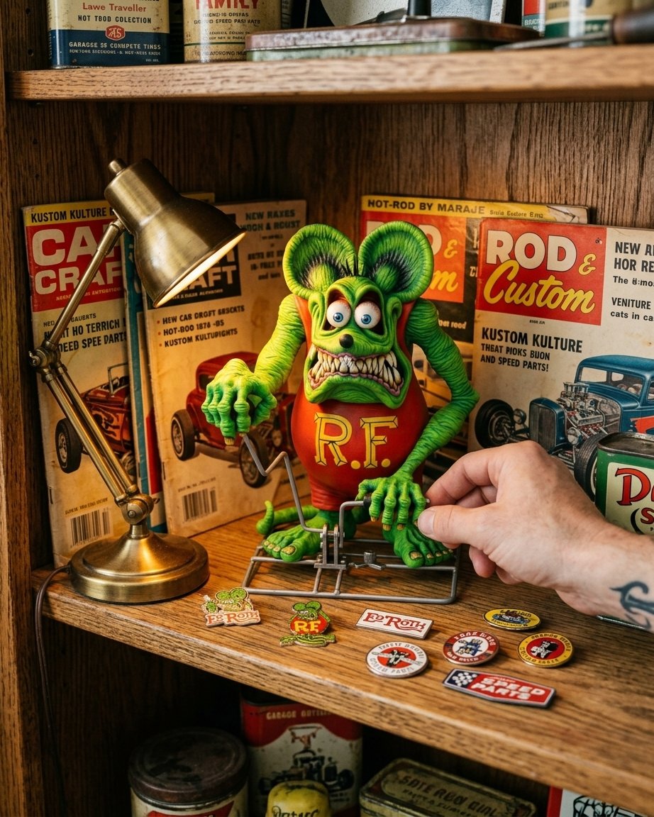 Hand-Painted Retro Hot Rod Monster Collectible Figure on Car Base