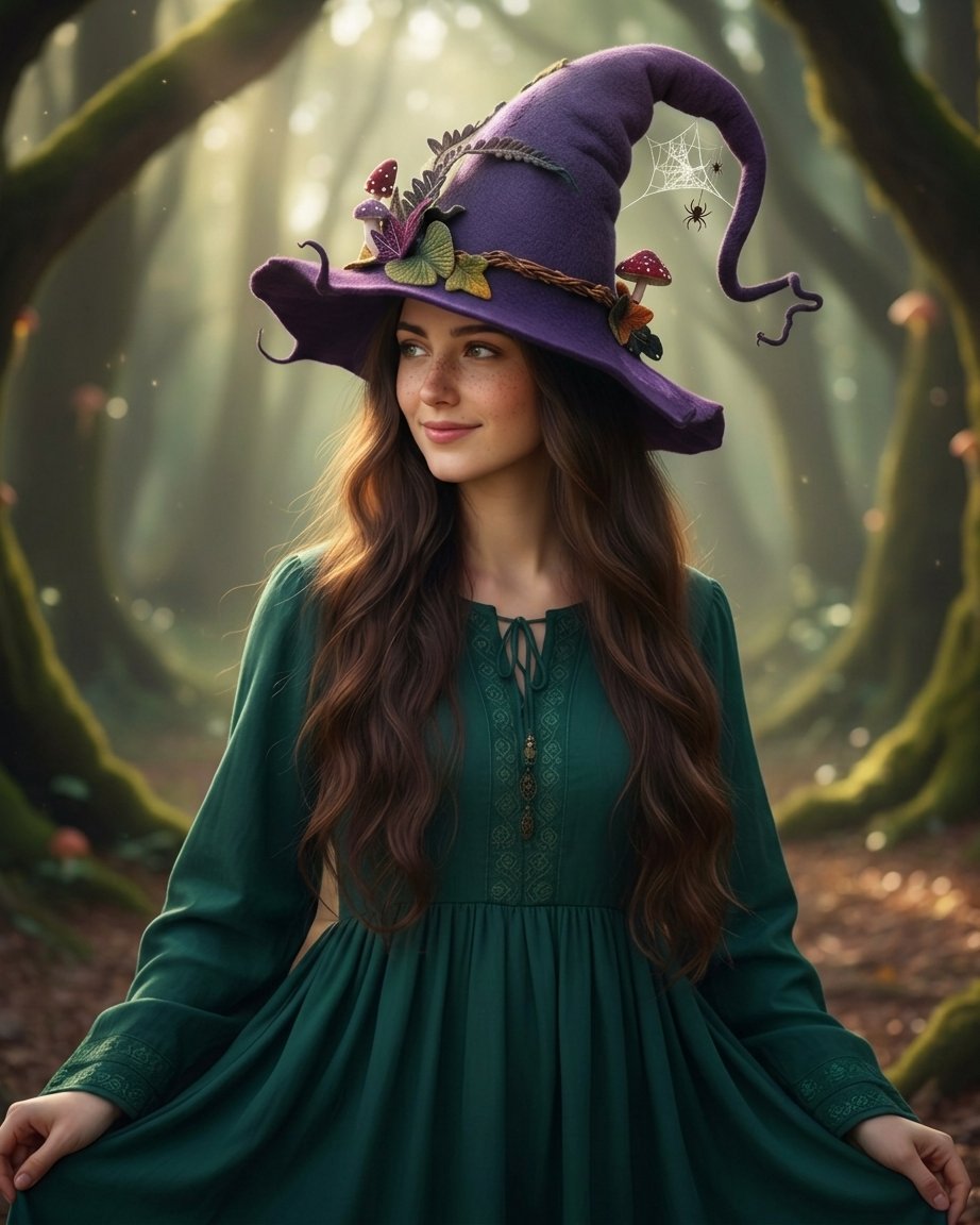 Handmade Felted Wool Witch Hat with Spiderweb Embroidery and Floral Accents