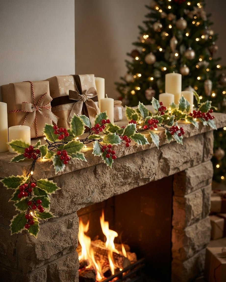 Holly Berry LED Garland with Warm Lights