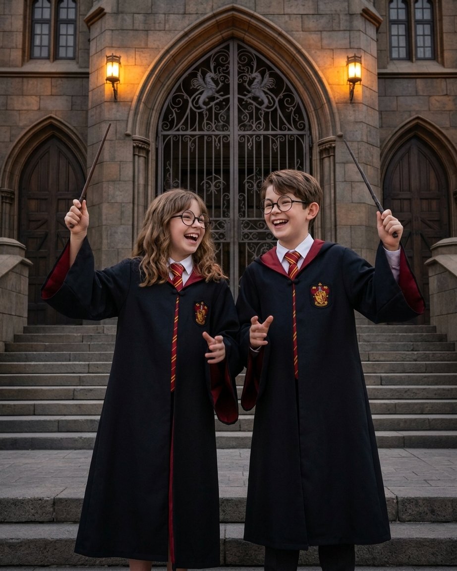 Hooded Wizard School Robe with Embroidered House Crest, Wand, Tie and Glasses