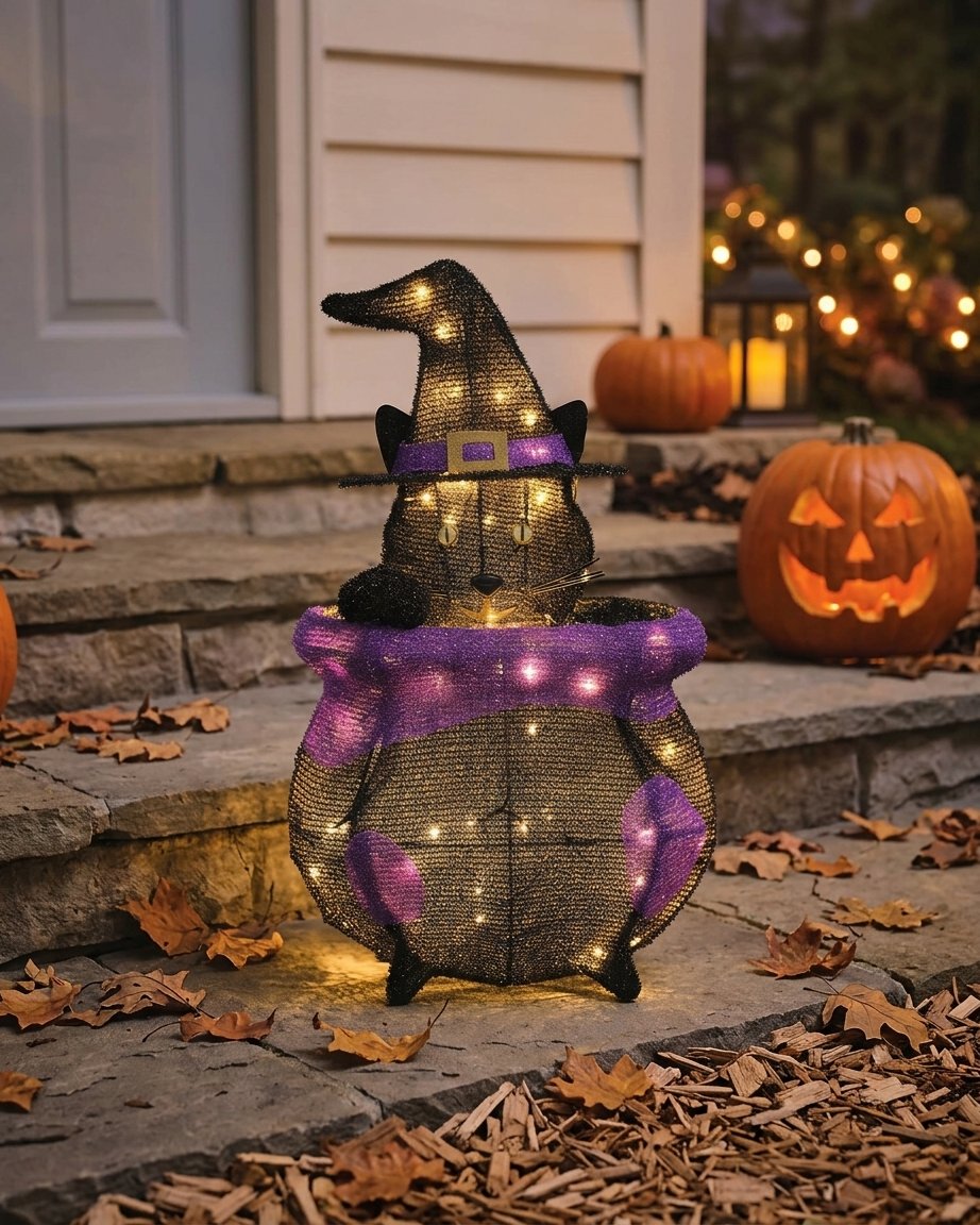 Illuminated Cauldron Cat Outdoor LED Halloween Figure with Witch Hat