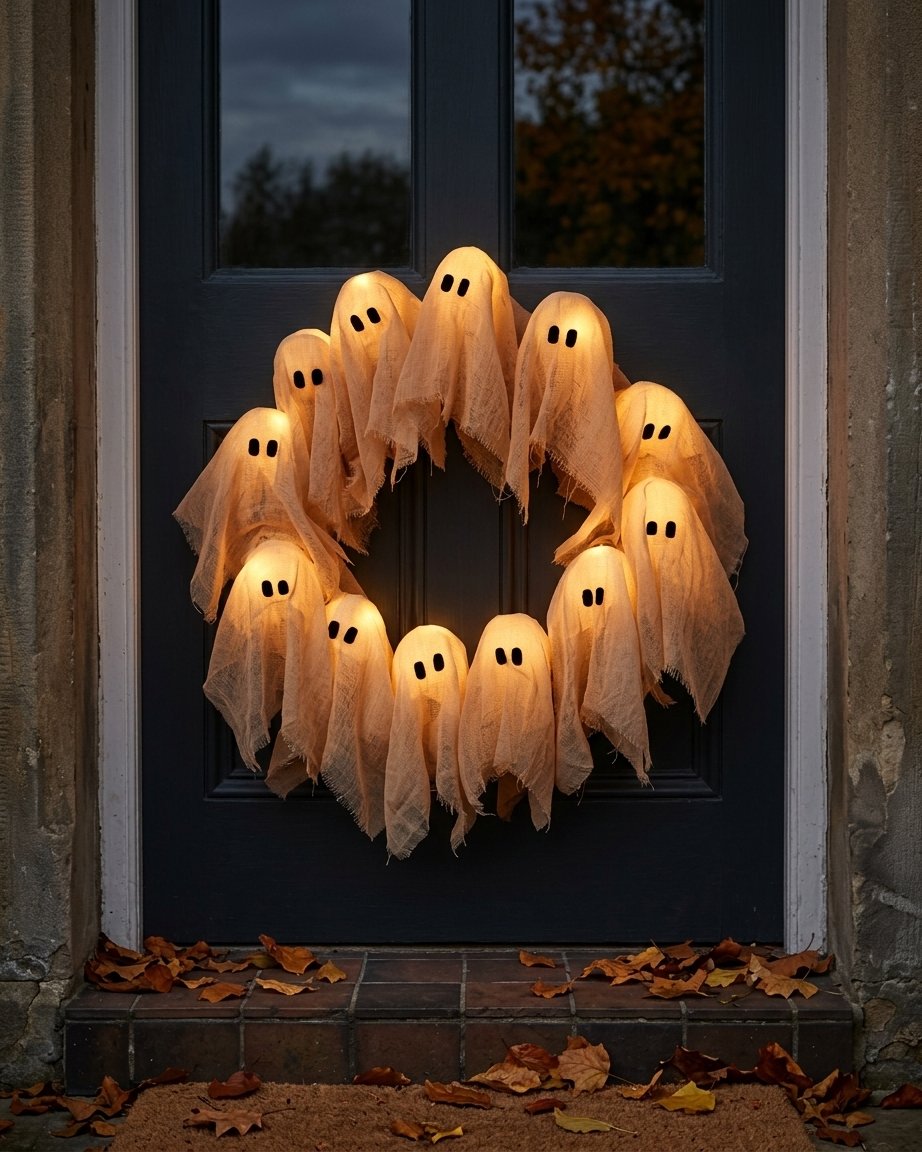 Illuminated Halloween Ghost Wreath with LED Figures for Door or Wall Display