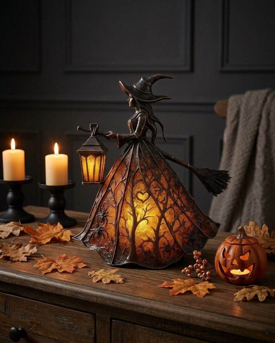 Illuminated Witch Figurine Halloween Lantern with LED Glow