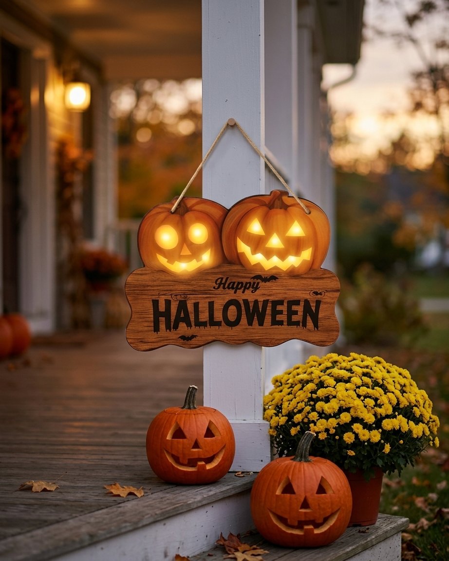 Illuminated Wooden Halloween Hanging Sign with Glowing Jack-o'-Lantern Pumpkin Faces