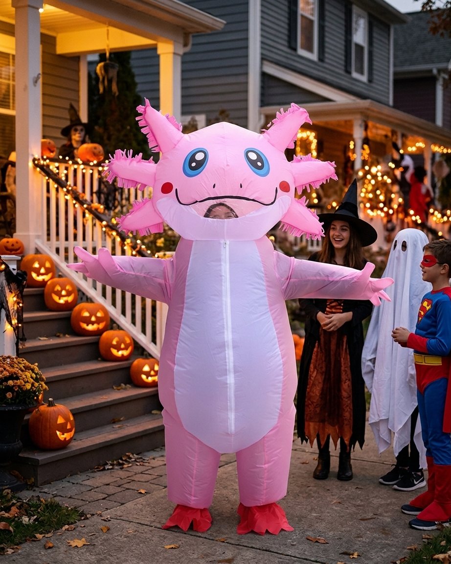Inflatable Axolotl Costume with Battery-Operated Fan – Full-Body and Ride-On Styles