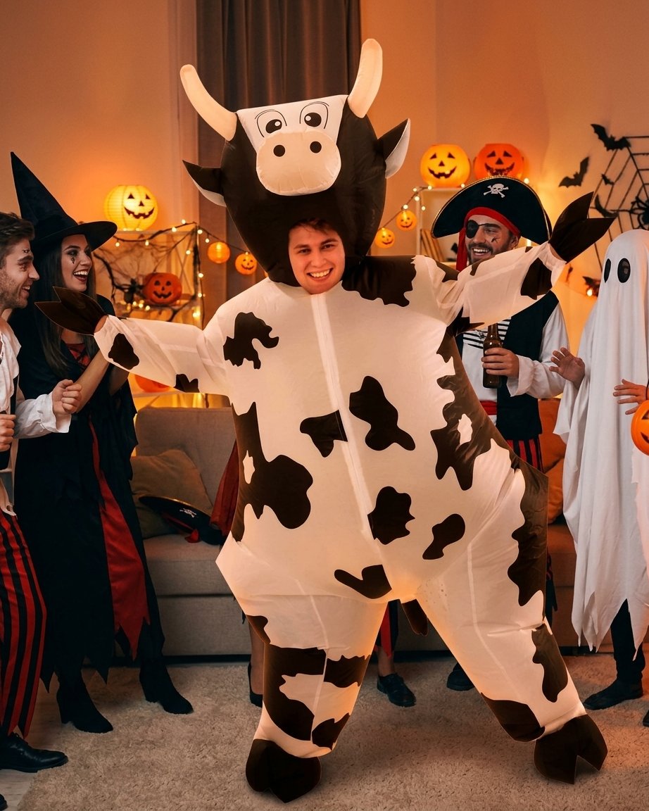 Inflatable Cow Full-Body Costume with Built-In Fan and Headpiece for Adults