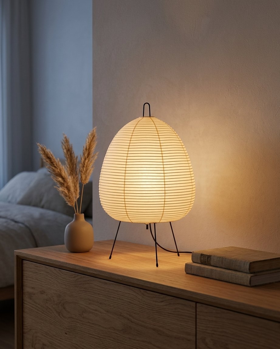 Japanese-style rice paper lantern table lamp with tripod stand