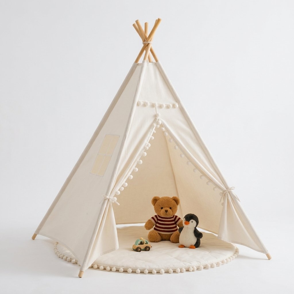 Kids Cotton Teepee Tent with Pom-Pom Trim