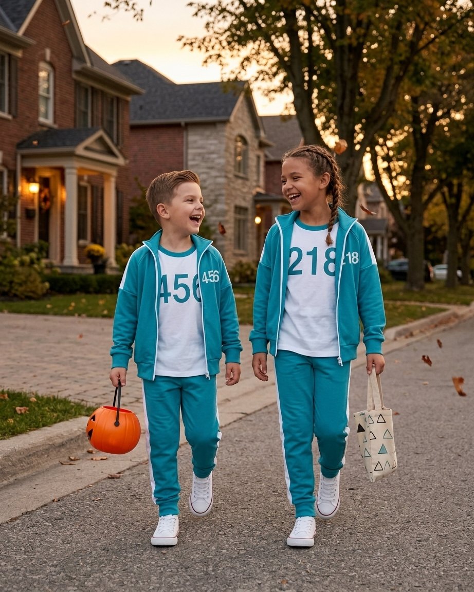 Kids' Three-Piece Teal Tracksuit Costume Set with Printed Numbers and Side Stripes