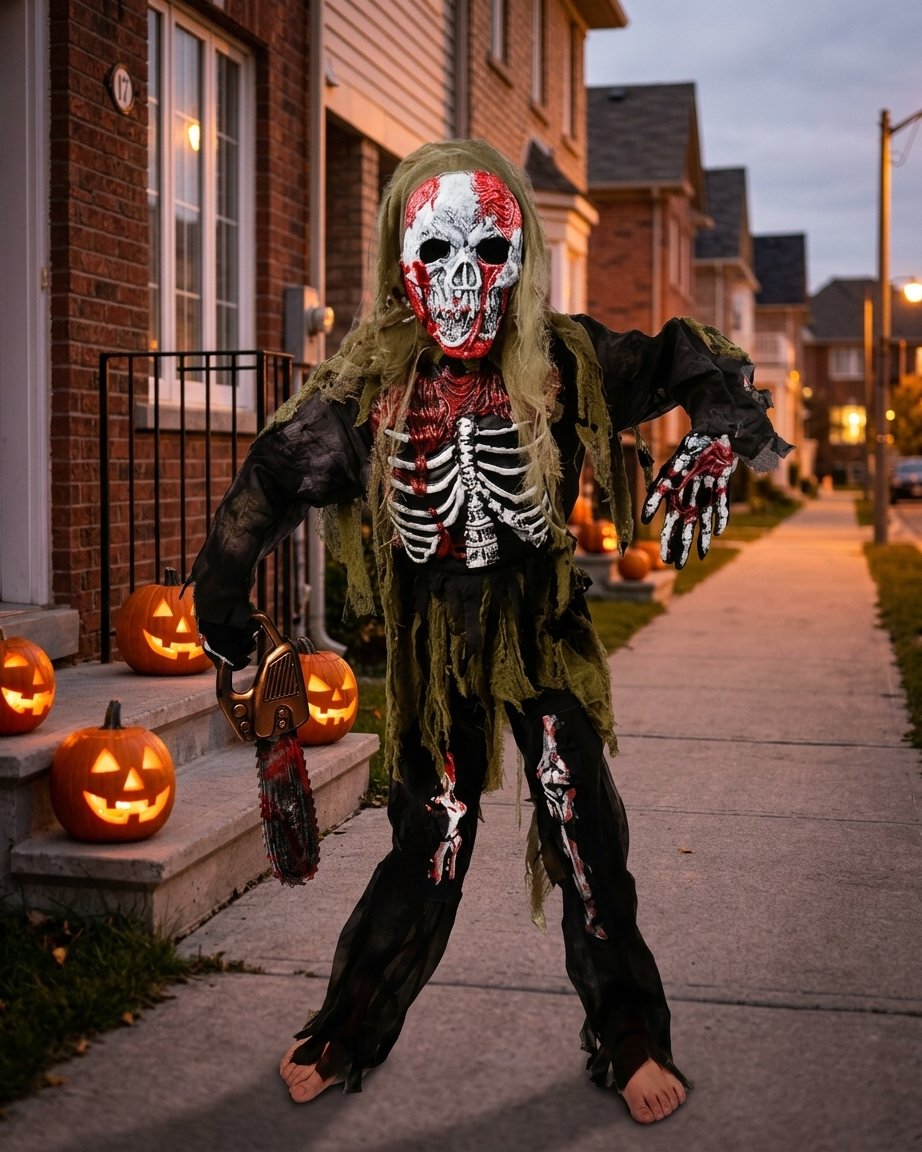 Kids Zombie Skeleton Halloween Costume Set with Skull Mask and Skeleton Gloves