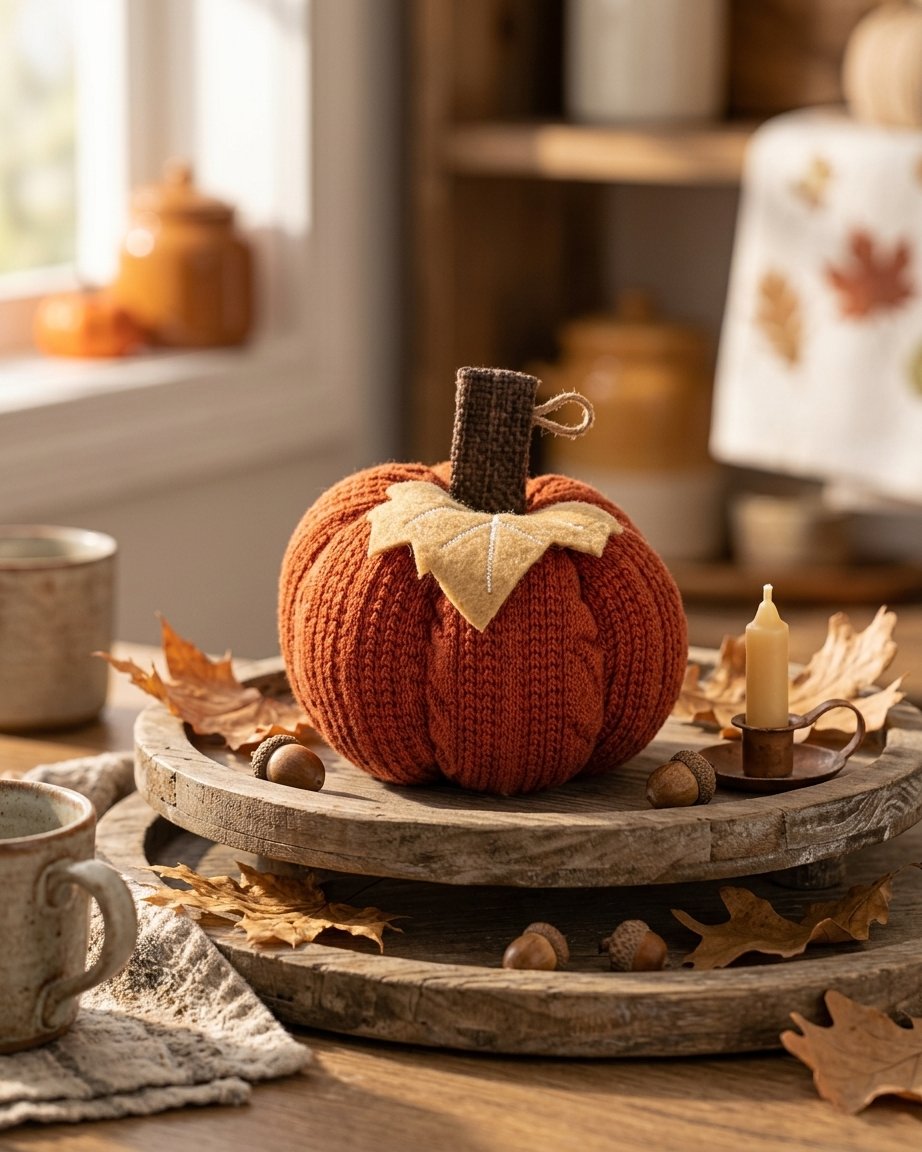 Knitted Pumpkin Decoration Set – 3 Handcrafted Autumn Ornaments with Leaf Accents