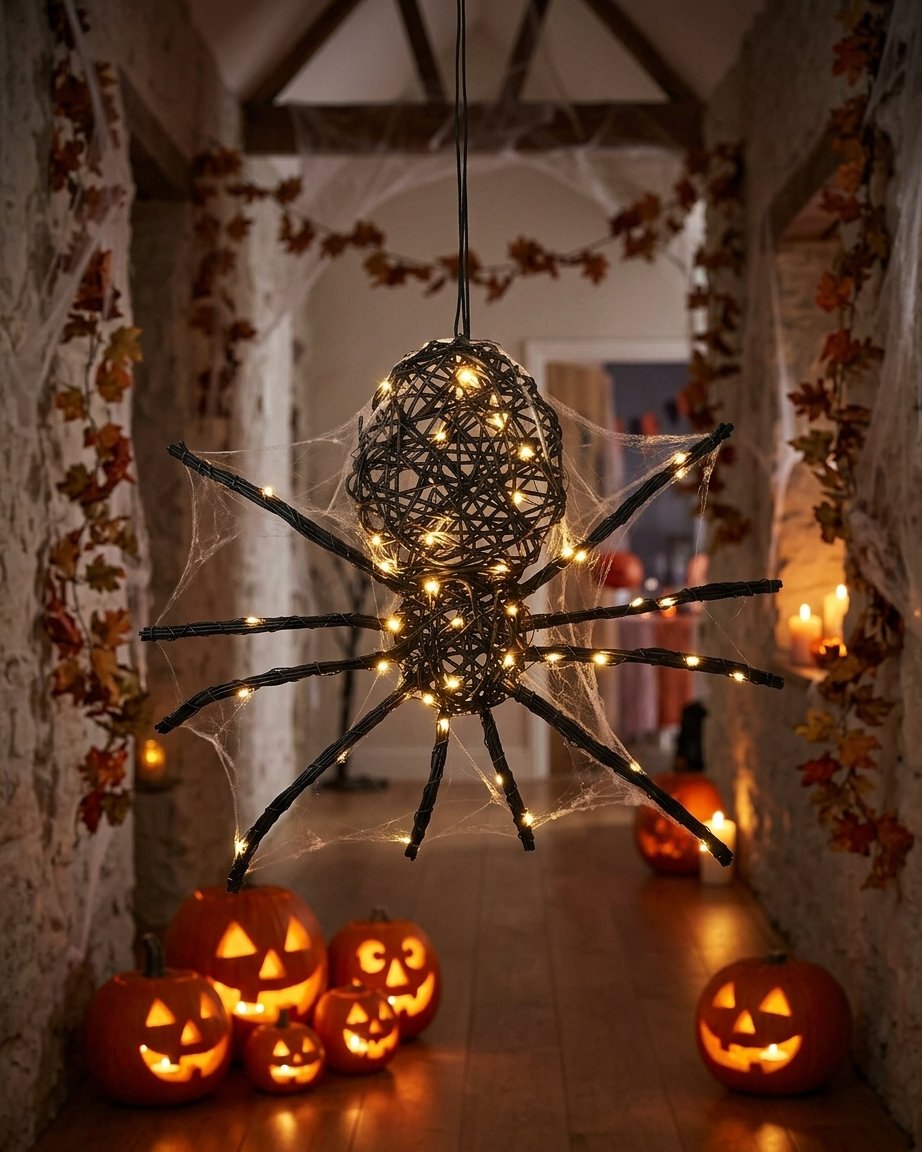 Large Rattan Black Spider Light-Up Halloween Figure with Warm White LEDs