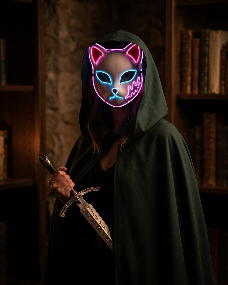 LED Kitsune Fox Mask with EL Wire Glow and Japanese Demon Design