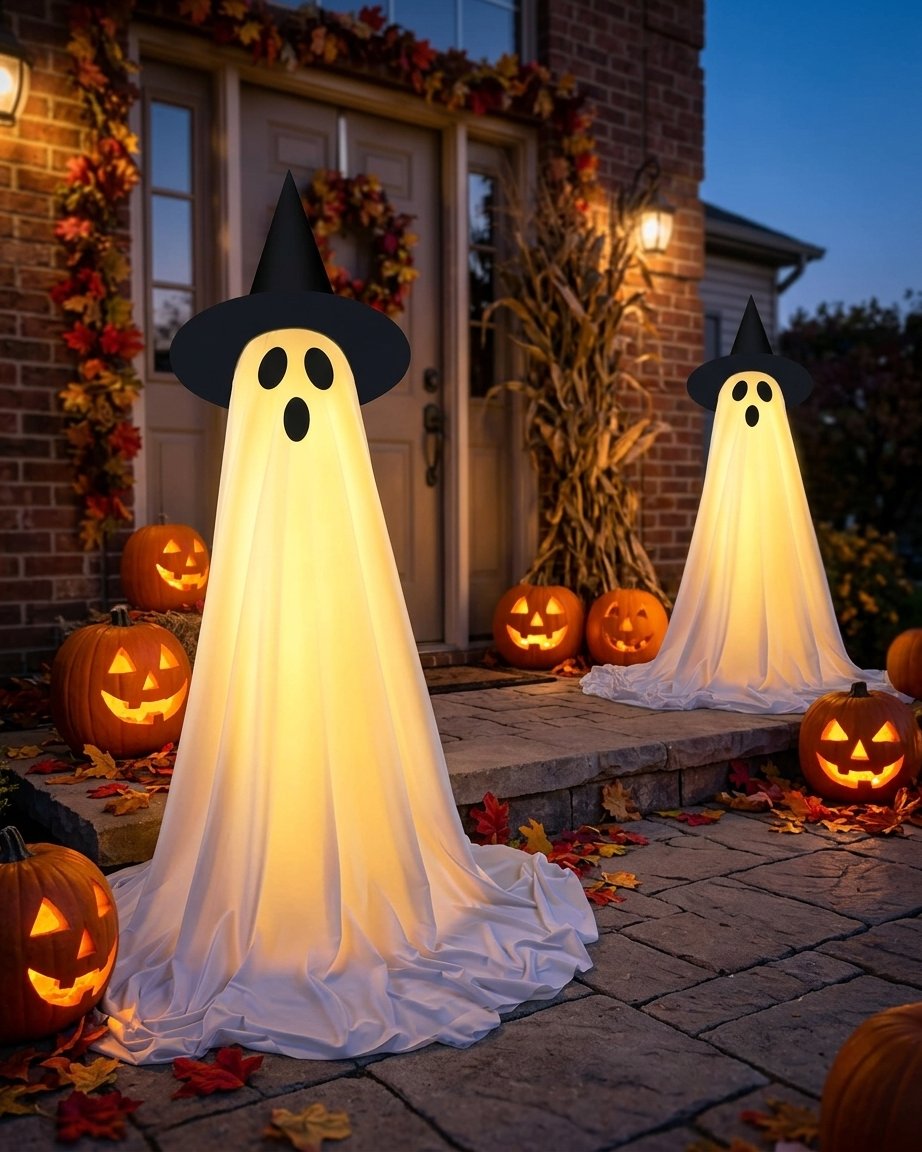 LED Light-Up Ghost Halloween Decoration with Witch Hat and Wireless Remote, 50 in, Set of 1 or 2