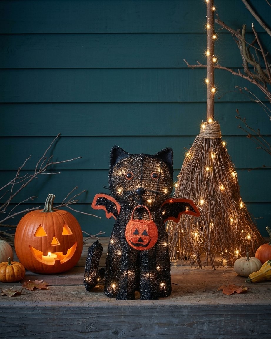 Light-Up Black Cat Halloween Decoration with Bat Wings and Pumpkin Basket